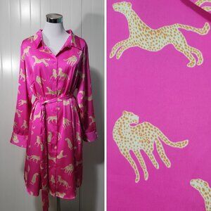 NWT Skies are Blue Curvy Pink Animal Cheetah Print Button Down Satin Shirt Dress
